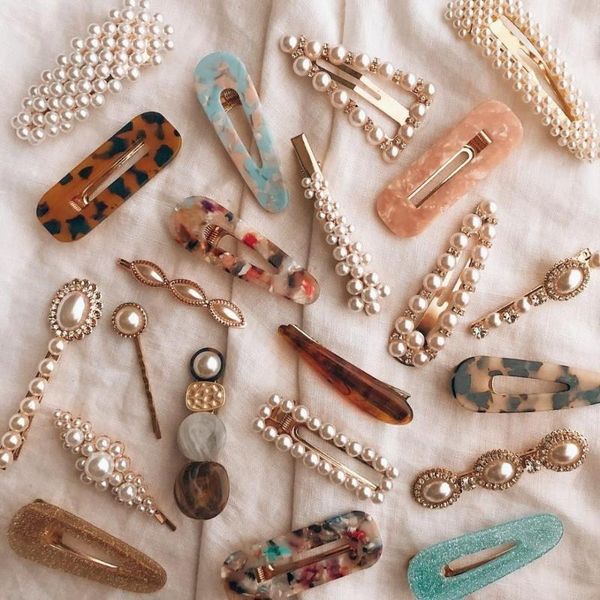 lady ins trendy simulated pearls hair jewelry women female bohemian resin leopard print hair pins clip for wedding headband, Golden;white